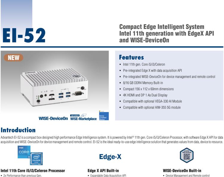 研華EI-52 研華EI-52，邊緣計算系統，支持 Intel 11th gen CPU，可選 Core i5 /i3 /Celeron 處理器，具備豐富擴展接口 2 x LAN，2 x COM，6 x USB等，內部可以通過 miniPCIe 或 M.2 擴展AI加速卡實現工業AI機器視覺，搭載5G通訊模塊。