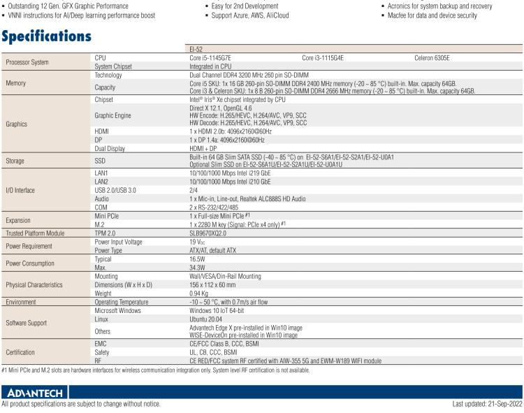 研華EI-52 研華EI-52，邊緣計算系統，支持 Intel 11th gen CPU，可選 Core i5 /i3 /Celeron 處理器，具備豐富擴展接口 2 x LAN，2 x COM，6 x USB等，內部可以通過 miniPCIe 或 M.2 擴展AI加速卡實現工業AI機器視覺，搭載5G通訊模塊。
