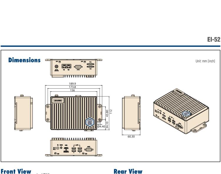 研華EI-52 研華EI-52，邊緣計算系統，支持 Intel 11th gen CPU，可選 Core i5 /i3 /Celeron 處理器，具備豐富擴展接口 2 x LAN，2 x COM，6 x USB等，內部可以通過 miniPCIe 或 M.2 擴展AI加速卡實現工業AI機器視覺，搭載5G通訊模塊。