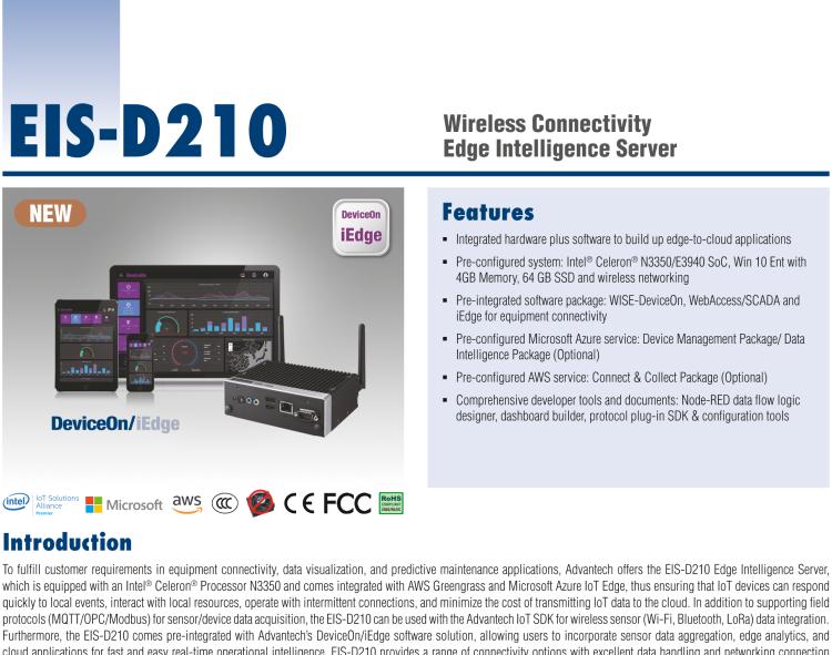 研華EIS-D210 研華EIS-D210，邊緣計算系統網關，Intel Celeron N3350 Dual Core SoC，最高支持 8 GB內存，低功耗邊緣智能設備，具備豐富擴展接口 2 x LAN，2 x COM，4 x USB，1 x VGA等，搭配 Wifi 或 4G 模塊，可以實現無線數據傳輸，體積非常小