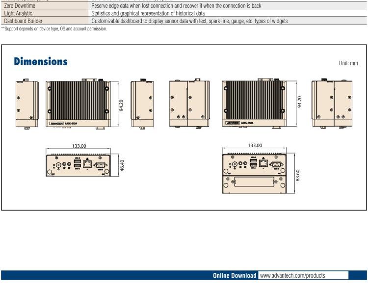研華EIS-D210 研華EIS-D210，邊緣計算系統網關，Intel Celeron N3350 Dual Core SoC，最高支持 8 GB內存，低功耗邊緣智能設備，具備豐富擴展接口 2 x LAN，2 x COM，4 x USB，1 x VGA等，搭配 Wifi 或 4G 模塊，可以實現無線數據傳輸，體積非常小
