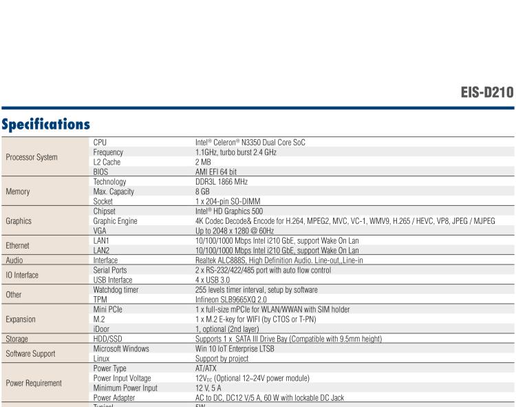 研華EIS-D210 研華EIS-D210，邊緣計算系統網關，Intel Celeron N3350 Dual Core SoC，最高支持 8 GB內存，低功耗邊緣智能設備，具備豐富擴展接口 2 x LAN，2 x COM，4 x USB，1 x VGA等，搭配 Wifi 或 4G 模塊，可以實現無線數據傳輸，體積非常小