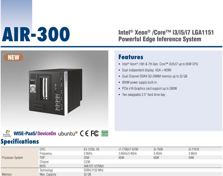 研華AIR-300 支持Intel Xeon / 6/7代Core?i3/i5/i7處理器，AI計算平臺，可擴展 PCIe x16 GPU全尺寸卡