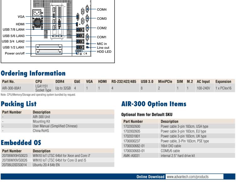 研華AIR-300 支持Intel Xeon / 6/7代Core?i3/i5/i7處理器，AI計算平臺，可擴展 PCIe x16 GPU全尺寸卡