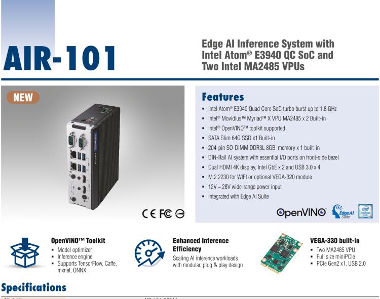 研華AIR-101 基于Intel Atom E3940處理器，AI計(jì)算平臺，內(nèi)置Myriad X VPU * 2