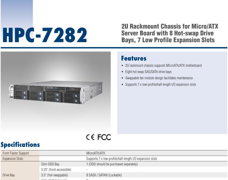 研華HPC-7282 2U 機架式機箱，適用于 Micro/ATX 服務器主板，支持8個2.5寸/3.5寸熱插拔硬盤，7個半高擴展槽