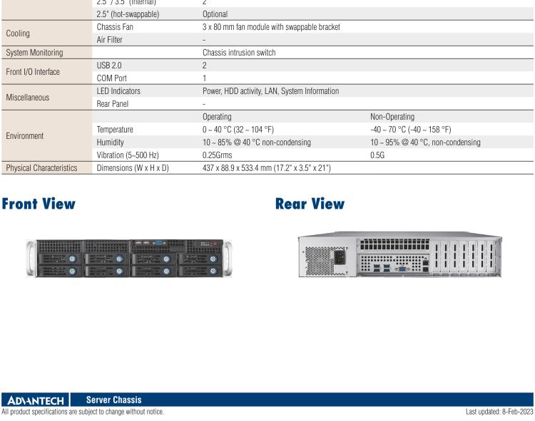 研華HPC-7282 2U 機架式機箱，適用于 Micro/ATX 服務器主板，支持8個2.5寸/3.5寸熱插拔硬盤，7個半高擴展槽