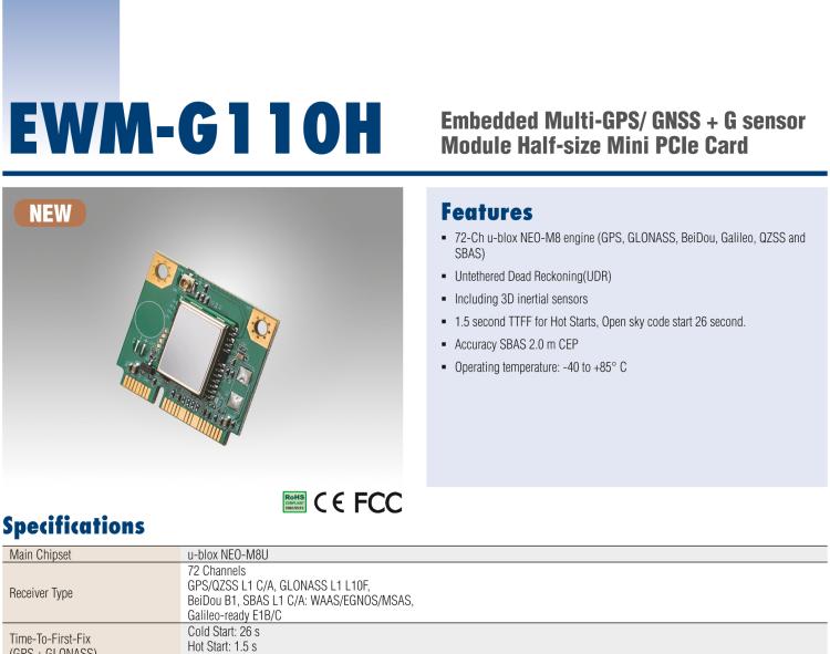 研華EWM-G110 Multi-GNSS (GPS、GLONASS、BeiDou、Galileo、QZSS 和 SBAS) +G-sensor 半尺寸 Mini PCIe 卡