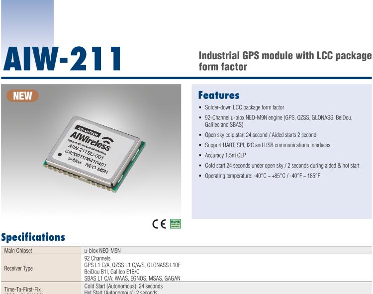 研華AIW-211 帶郵票型接口的工業(yè)級 GNSS（GPS、GLONASS、BeiDou、Galileo、QZSS和SBAS）模塊。