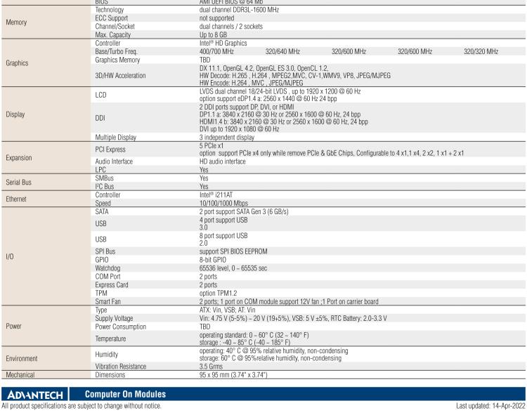 研華SOM-6868 Intel? Pentium?/Celeron? N3000 系列和 Atom ? SoC，COM Express Express Type 6 模塊