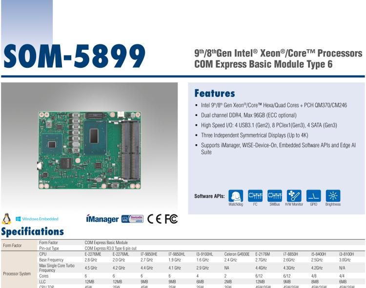 研華SOM-5899 第八代Intel Xeon/Core 處理器， COM Express Basic Type 6 模塊