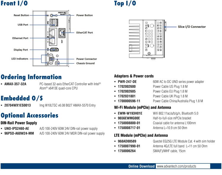 研華AMAX-357 超微型EtherCAT運動控制器，基于PC架構(gòu)開發(fā)，配置了Intel Atom處理器，具有64GB eMMC、2 x LAN、2 x USB和Slice IO擴展