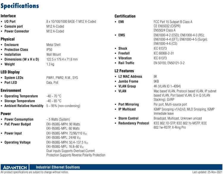 研華EKI-9508G-MPH 8個千兆M12 POE端口非網管EN50155交換機， 支持72/96/110 VDC供電