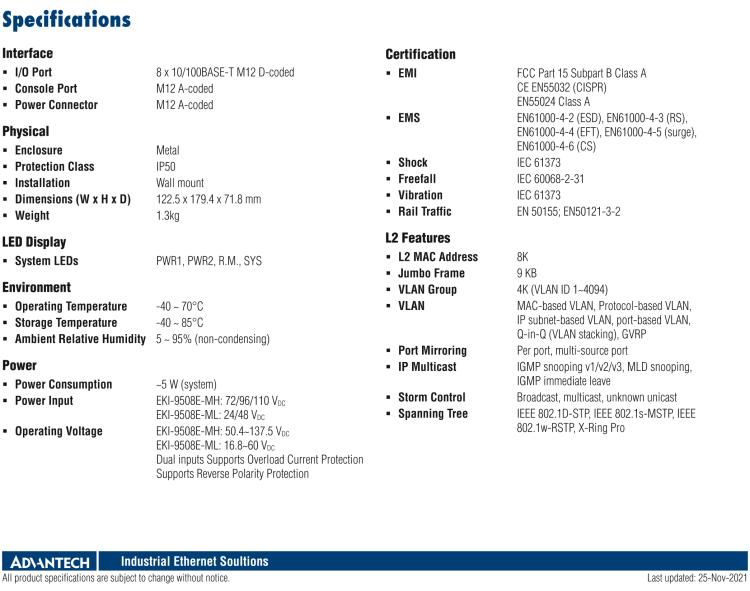 研華EKI-9508E-ML 8個百兆M12端口非網管EN50155交換機， 支持24/48 VDC電
