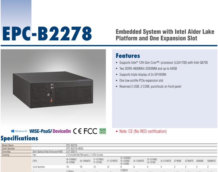 研華EPC-B2278 適配Intel 第12代 Core i 系列處理器，搭載Q670E芯片組。2U高度，精簡尺寸，性能強(qiáng)勁，是小尺寸高性能場景的理想解決方案。