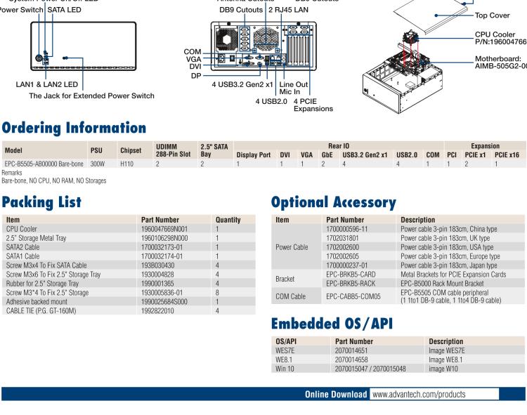 研華EPC-B5505 適配Intel? 第6/7代 Core ? i/Xeon E3系列處理器，搭載H110芯片組。標(biāo)準(zhǔn)4U上架，廣泛適用于各種行業(yè)。