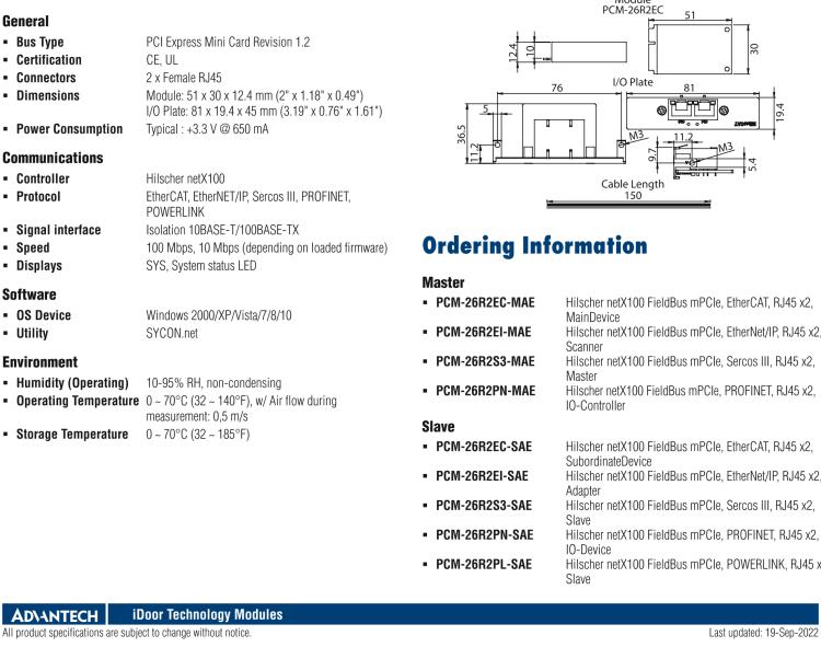 研華PCM-26R2EC 2端口 Hilscher netX100 現場總線 mPCIe, EtherCAT, RJ45