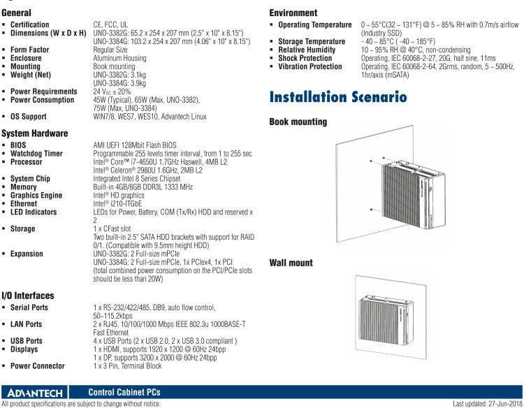 研華UNO-3382G Intel? Core? i7/Celeron控制柜PC，2 x GbE, 2 x mPCIe, HDMI/DP