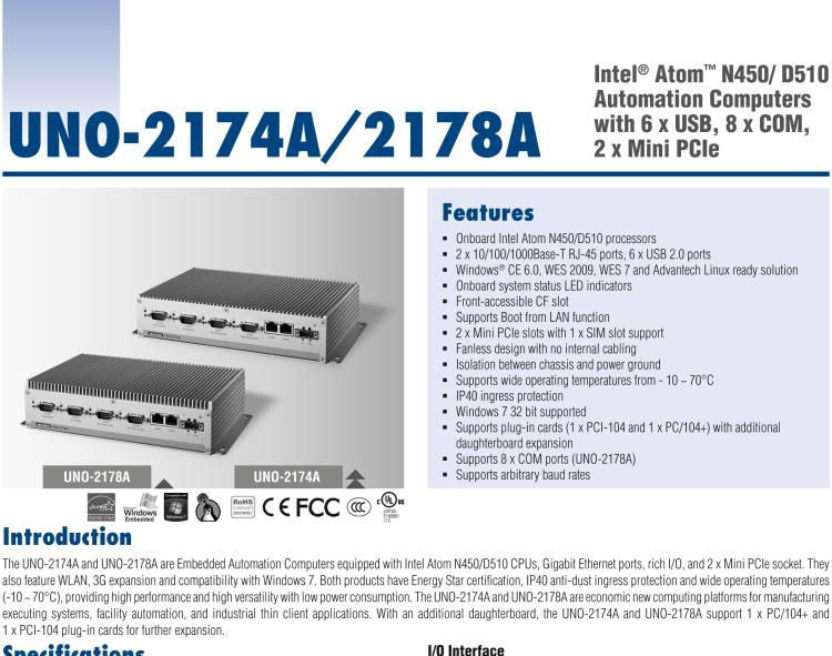研華UNO-2178A Intel? Atom? D510無風扇嵌入式工業電腦，6 x USB, 8 x COM, 2 x Mini PCIe