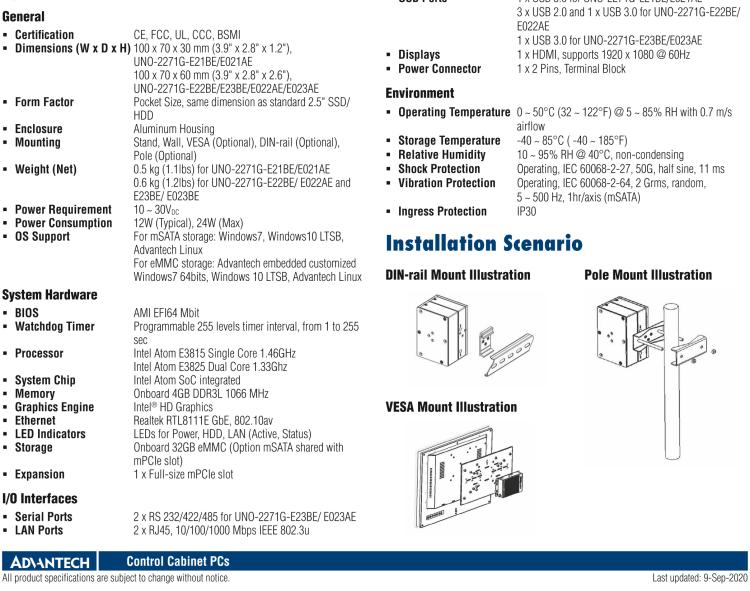 研華UNO-2271G 小型智慧工廠數據網關，搭載Intel? Atom?處理器，2 x GbE, 1 x mPCIe, HDMI, eMMC