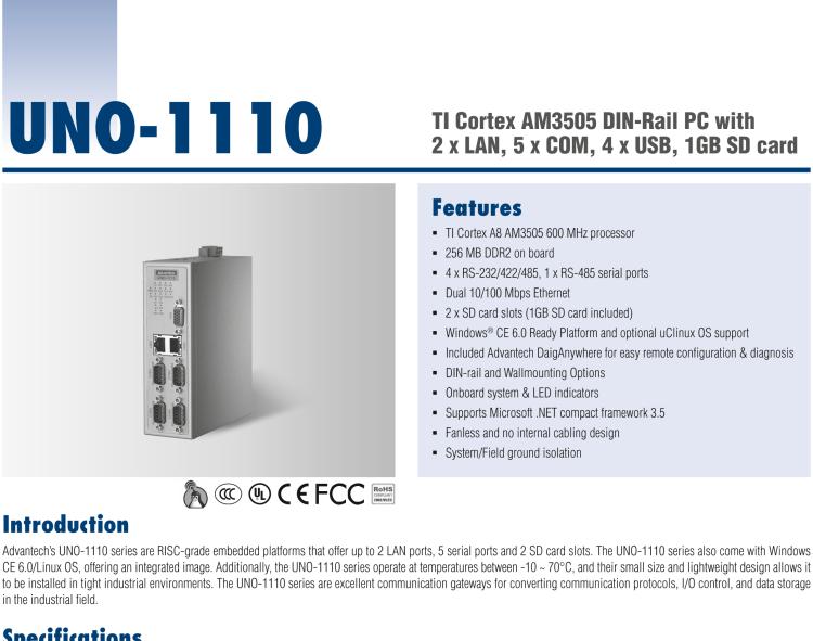 研華UNO-1110 導軌安裝型工業(yè)控制器，搭配TI Coretex AM3505 處理器，2×LAN，5×COM，4×USB，1 GB SD卡