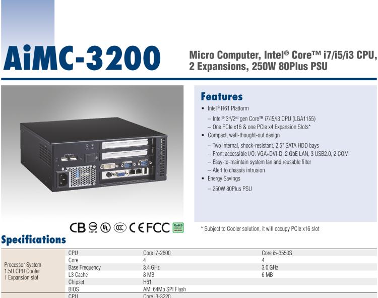 研華AiMC-3200 智能微型工控機，Intel Core i7/i5/i3 CPU,2 擴展槽，250W 80 Plus PSU