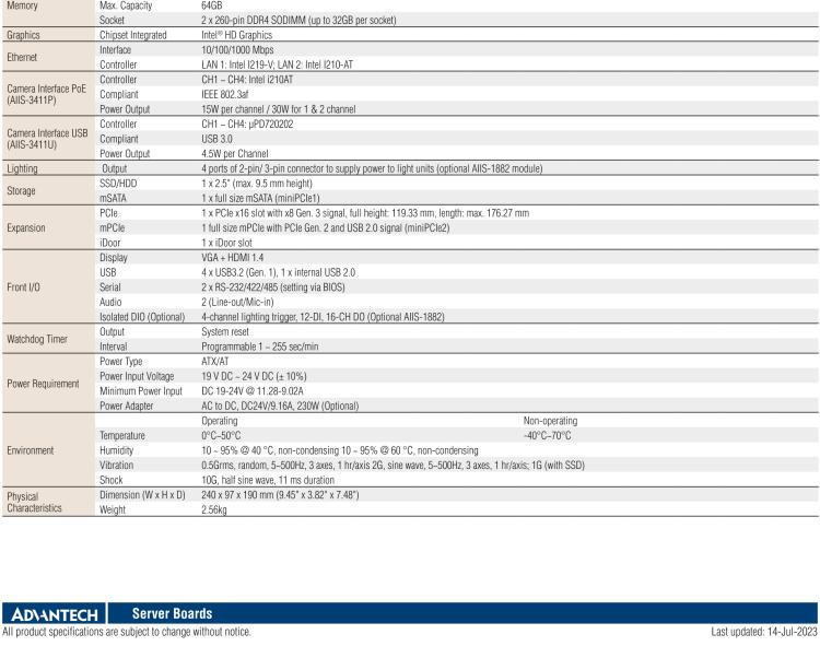 研華AIIS-3411 緊湊型視覺系統，支持Intel? 第10代 Core i CPU, 4路攝像頭支持 GigE PoE或 USB 3.0接口, PCIe擴展槽, 支持4路光源和隔離DIO