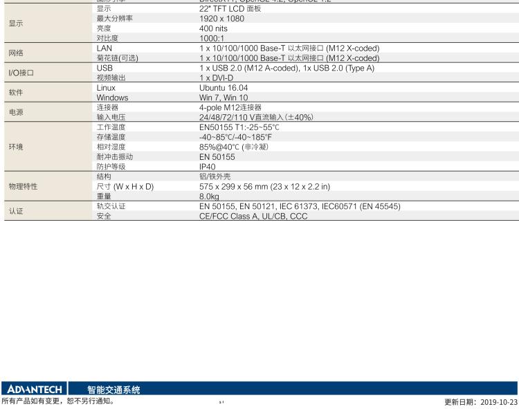 研華ITA-7220 滿足鐵路En50155認證標準，英特爾?賽揚?J1900 22英寸無風扇鐵路平板電腦