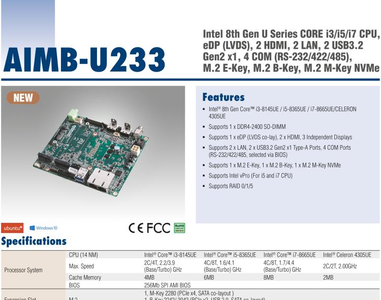 研華AIMB-U233 板載Intel 第8代 U系列 Core i3/i5/i7 處理器。低功耗高性能，無風(fēng)扇設(shè)計(jì)。