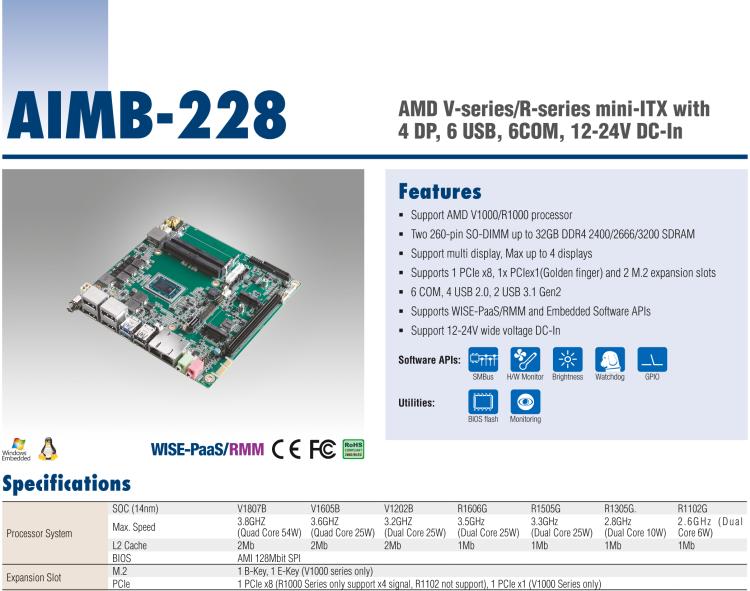 研華AIMB-228 板載AMD V系列/R系列處理器。超薄設(shè)計，支持寬壓，廣泛應(yīng)用在圖像處理、醫(yī)療影像等行業(yè)上。