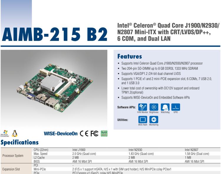 研華AIMB-215 板載Intel? 第4代 賽揚處理器。豐富的擴展，無風扇設(shè)計，支持寬溫寬壓。