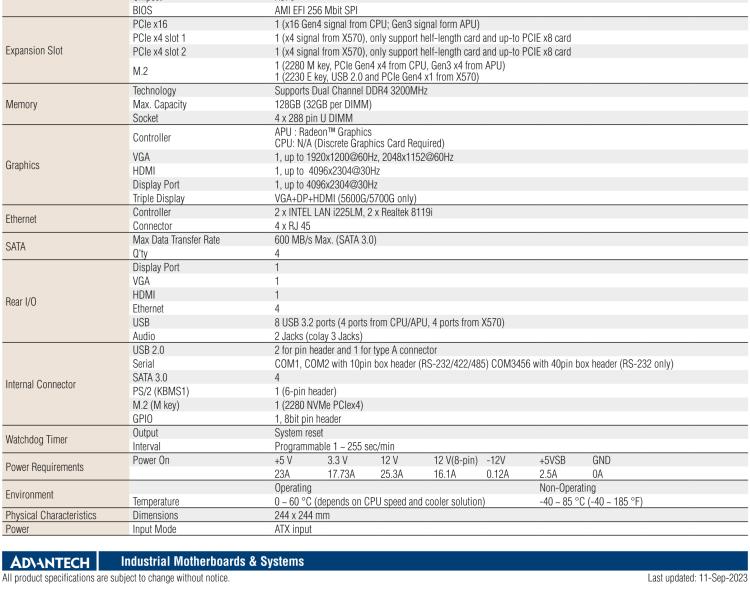 研華AIMB-522 適配AMD Ryzen? AM4 5000系列處理器，搭載X570芯片組。具有豐富接口，雙千兆網(wǎng)口和雙2.5GbE網(wǎng)口設(shè)計(jì)，用于自動(dòng)化和人工智能圖像處理等高端行業(yè)。