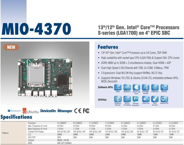 研華MIO-4370 基于第12代Intel Core處理器（Alder Lake-S系列，LGA1700 socket CPU）， 4" EPIC 單板電腦