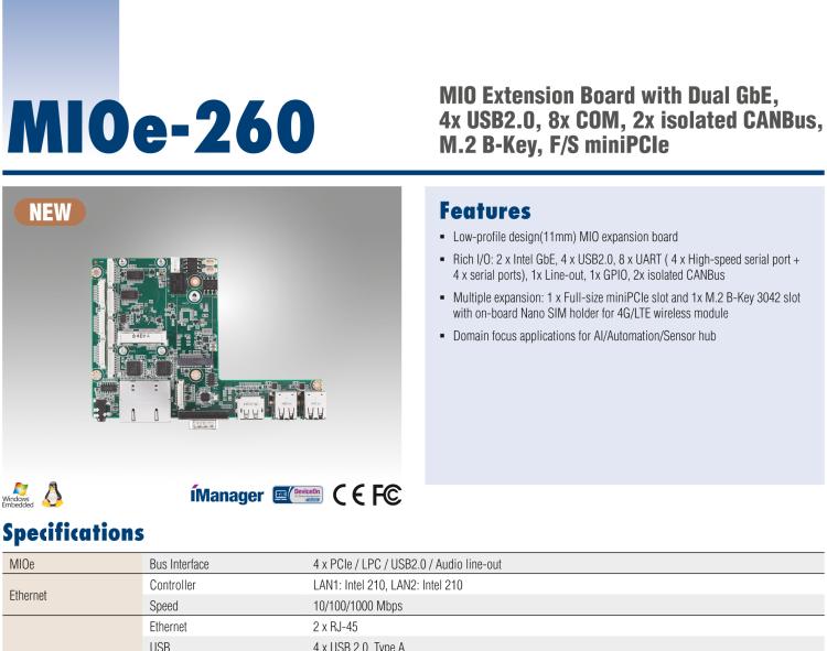 研華MIOe-260 M.2 B-key，高速 miniPCIe，雙Intel LAN，4個USB2.0、8個COM