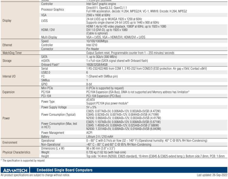 研華PCM-3365 英特爾第四代凌動?Atom?E3825 / E3845＆賽揚?N2930，PC / 104-Plus嵌入式主板，ISA，VGA，HDMI / DVI，LVDS，6 USB，mSATA或板載SSD