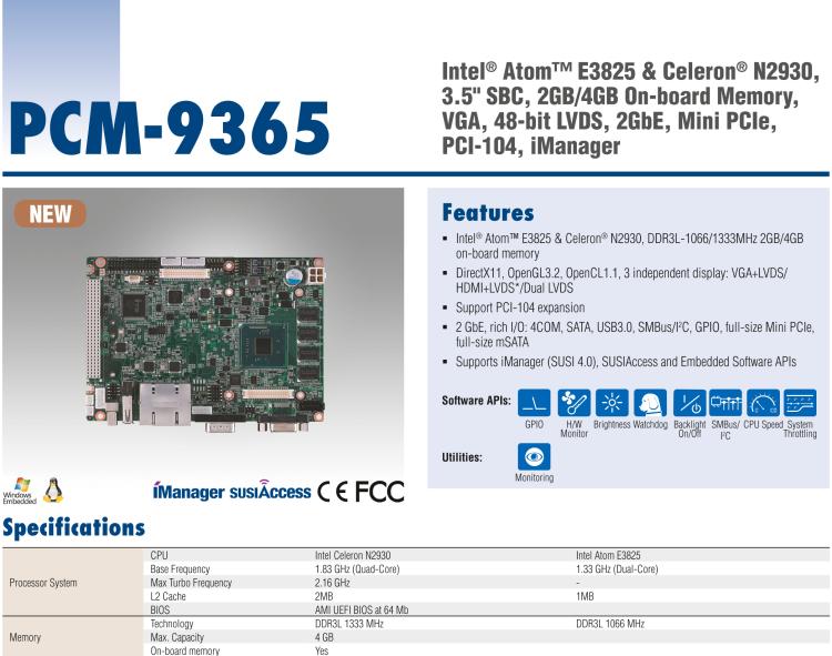 研華PCM-9365 第四代ATOM PCI-104 3.5寸主板, 搭載E3825，N2930 CPU，2GB/4GB內存在板，VGA, 18/24-bit LVDS, 2GbE, Mini PCIe, PCI-104, iManager