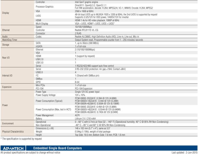 研華PCM-9365 第四代ATOM PCI-104 3.5寸主板, 搭載E3825，N2930 CPU，2GB/4GB內存在板，VGA, 18/24-bit LVDS, 2GbE, Mini PCIe, PCI-104, iManager