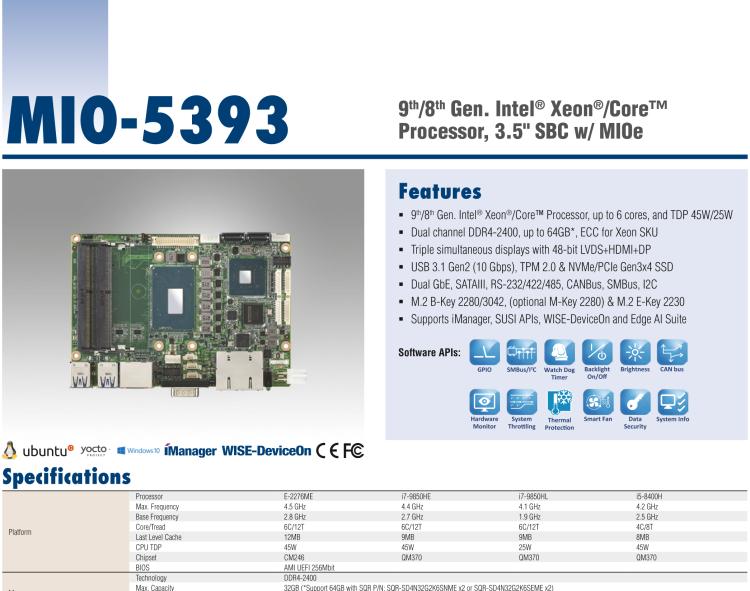 研華MIO-5393 第九代Intel 高性能筆記本CPU 3.5寸小尺寸嵌入式單板，性能提升25%，TDP 45W/25W，支持DDR4 64GB內(nèi)存，2LAN, 4USB 3.1，M.2 2280 Key支持NVMe，-40-85℃寬溫
