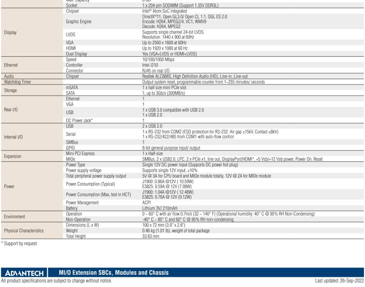 研華MIO-2263 2.5寸Pico-ITX主板，搭載Intel? Atom? SoC E3825/ J1900處理器的2.5寸Pico-ITX單板電腦，采用DDR3L內(nèi)存，支持24-bit LVDS + VGA/HDMI獨(dú)立雙顯，帶有豐富I/O接口：1個(gè)GbE、半長(zhǎng)Mini PCIe、4個(gè)USB、2個(gè)COM、SMBus、mSATA & MIOe