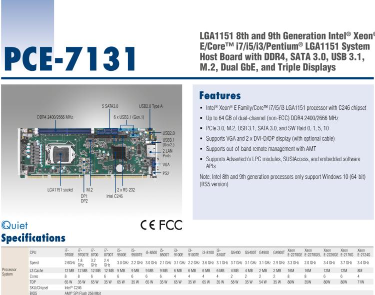 研華PCE-7131 LGA1151第八代Intel? Xeon? E/Core? i7/i5/i3/Pentium? LGA1151 系統主板 帶DDR4, SATA 3.0, USB 3.1, M.2, 雙GbE和三顯