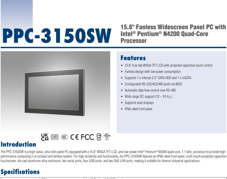 研華PPC-3150SW 15.6" 寬屏無風扇工業平板電腦，搭載 Intel? Pentium? N4200 四核心處理器