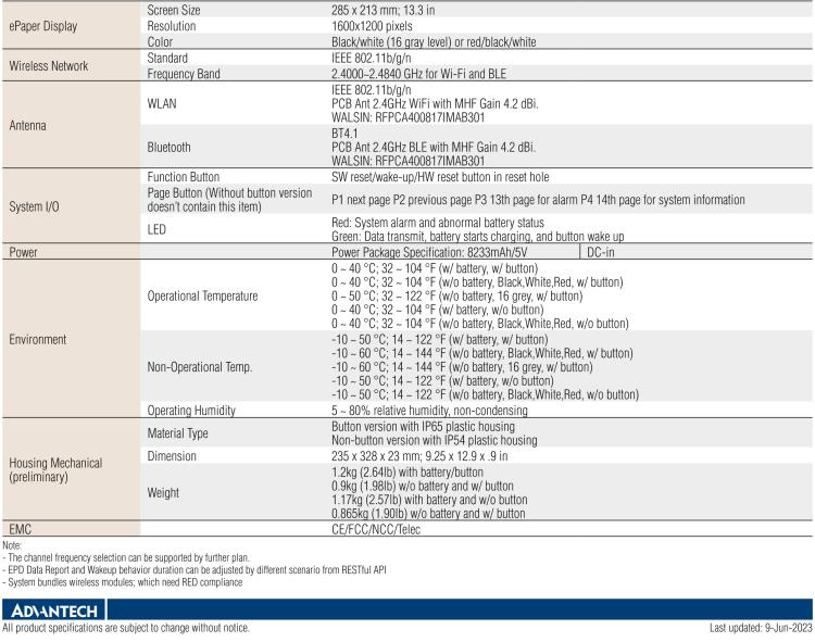 研華EPD-660 13.3"電子紙解決方案，Wi-Fi，用于醫(yī)院床邊卡和智能建筑標(biāo)牌。