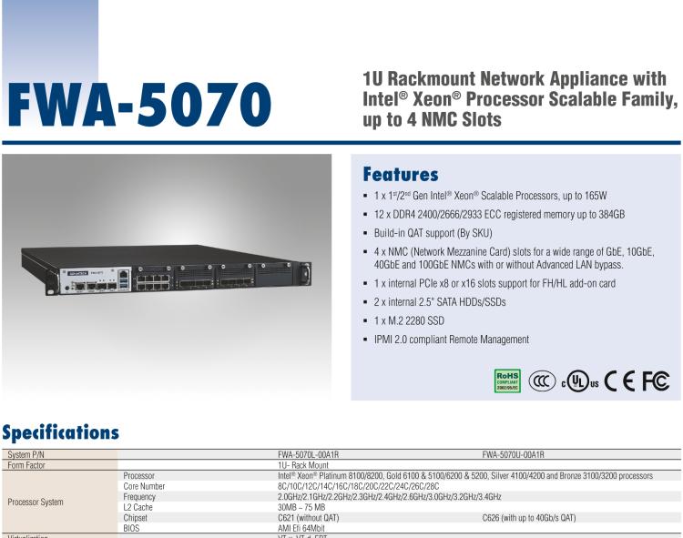 研華FWA-5070 基于Intel?Xeon?處理器可擴(kuò)展系列1U機(jī)架式網(wǎng)絡(luò)應(yīng)用平臺(tái)，最高支持4個(gè)NMC插槽