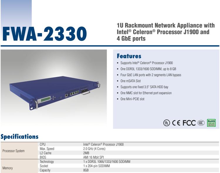 研華FWA-2330 基于Intel? Bay trail-D/M 系列處理器 1U機架式網絡應用平臺