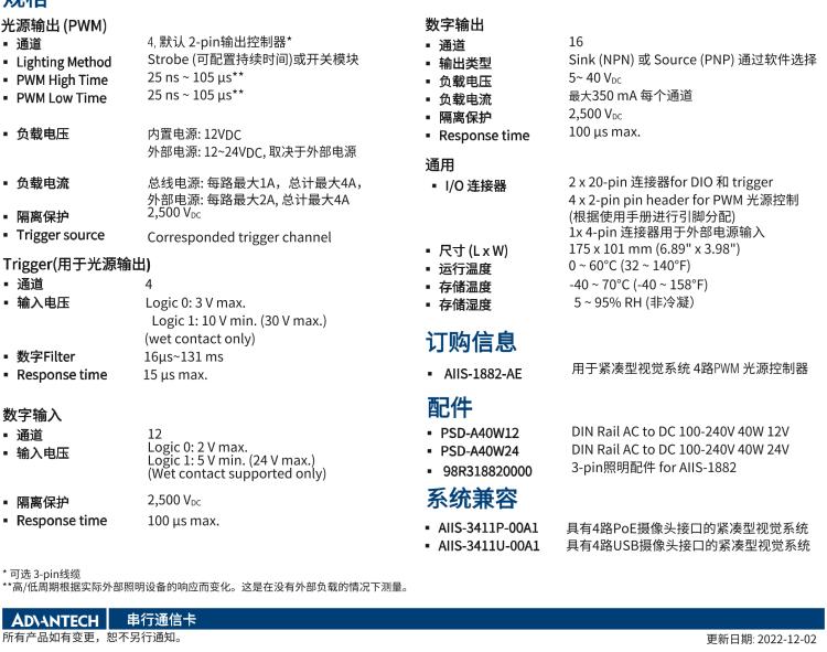 研華AIIS-1882 4路PWM 光源控制，用于 AIIS 視覺(jué)系統(tǒng)