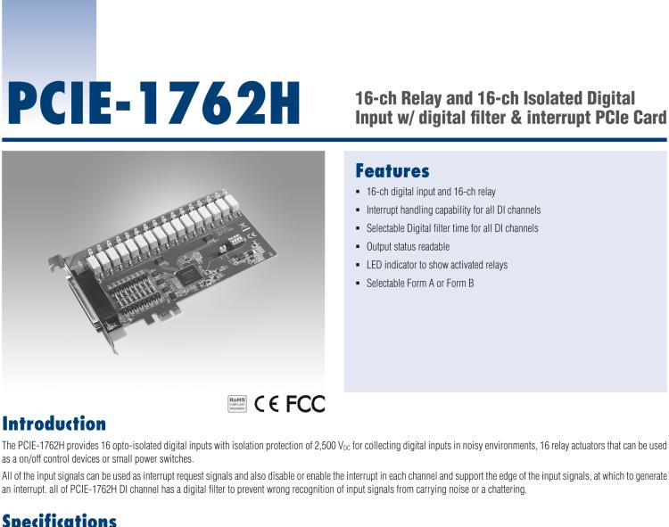 研華PCIE-1762H 16 通道繼電器和 16 通道隔離數字輸入，帶數字濾波器和中斷 PCIe 卡