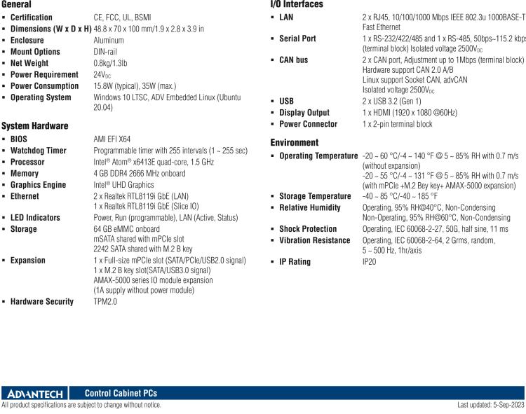 研華AMAX-5570 超微型控制平臺，采用Intel Atom處理器、64GB eMMC、2 個(gè)以太網(wǎng)口、2 個(gè) USB、2 個(gè) CAN、2 個(gè) COM 和插片 IO 擴(kuò)展