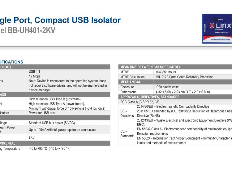研華BB-UH401-2KV USB 2.0 2 kV隔離器，1端口，12 Mbps全速