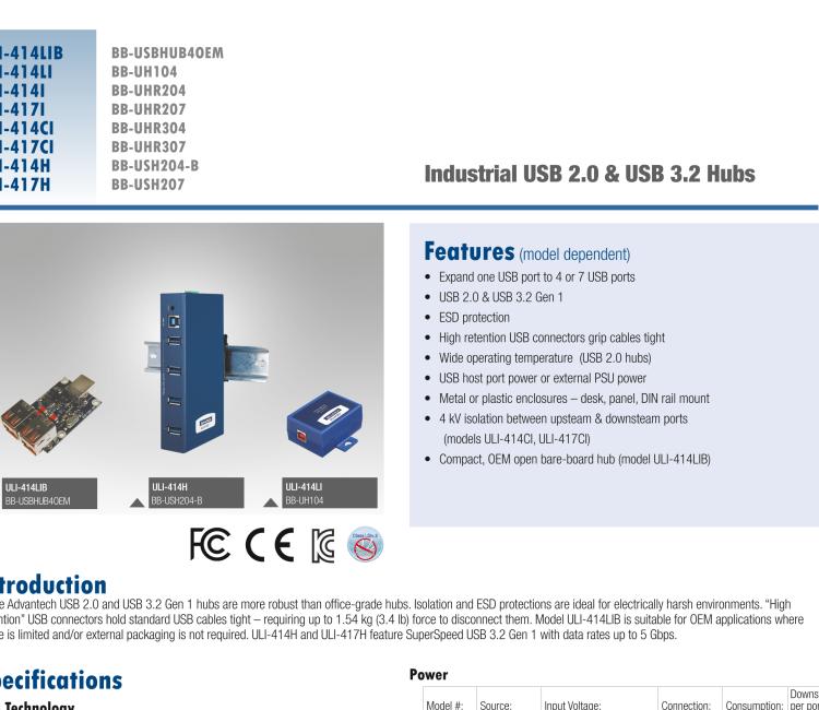 研華BB-USBHUB4OEM ULI-414LIB-工業USB 2.0集線器，4端口，高穩固力連接器