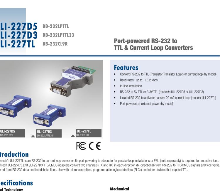 研華BB-232LPTTL33 ULI-227D3 RS-232（DB9母頭）至3.3V TTL（DB9公頭）轉換器，端口供電